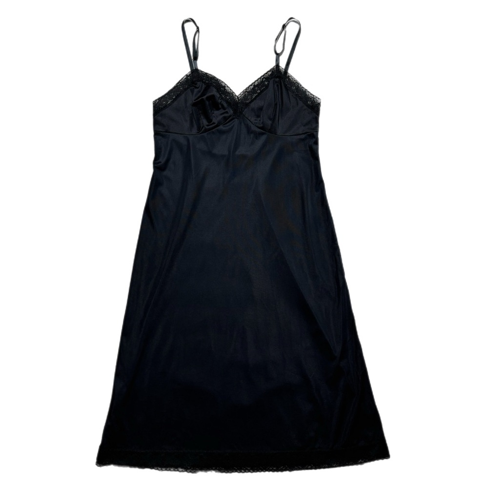 VTG 90s Vanity Fair Black Nylon Lace Trim Slip Dress M